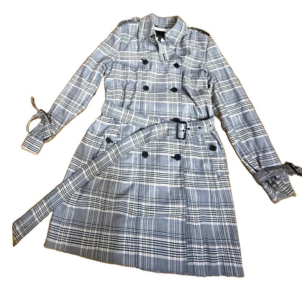 BANANA REPUBLIC Women’s Plaid Belted Lined Trench Coat Gray Pockets Size Medium